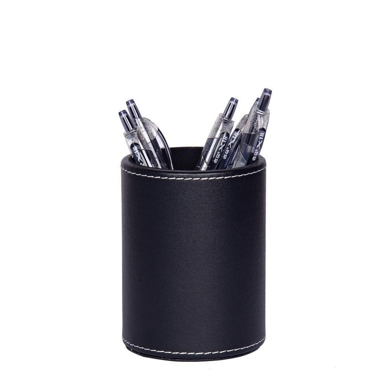 esowemsn 1PC Black PU Leather Round Pencil Pen Cup Holder Stand Desk Organizer Desktop Stationery Container Accessorires for Home, School, Office - Image 1